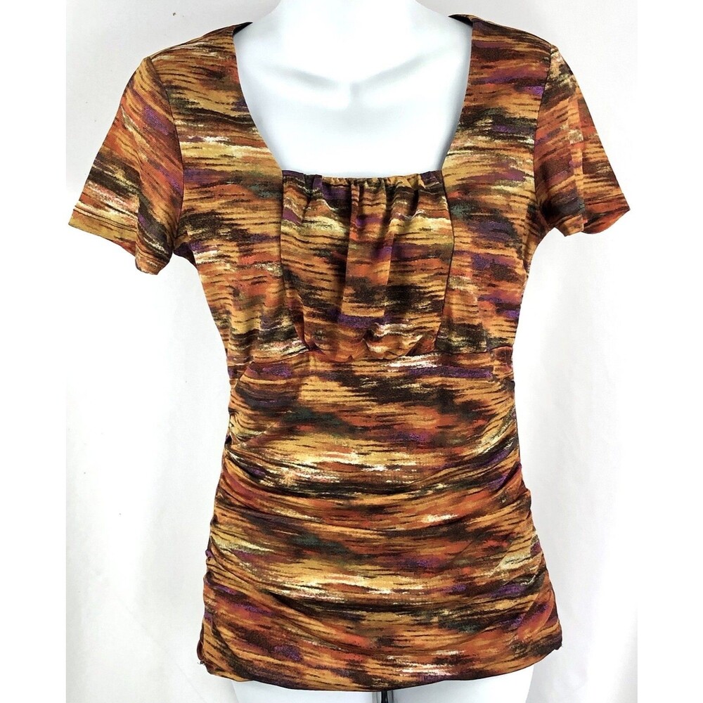 Style & co Top M Multi Retro Geo Ruched Square Neck Stretch Grunge Boho Hippie
